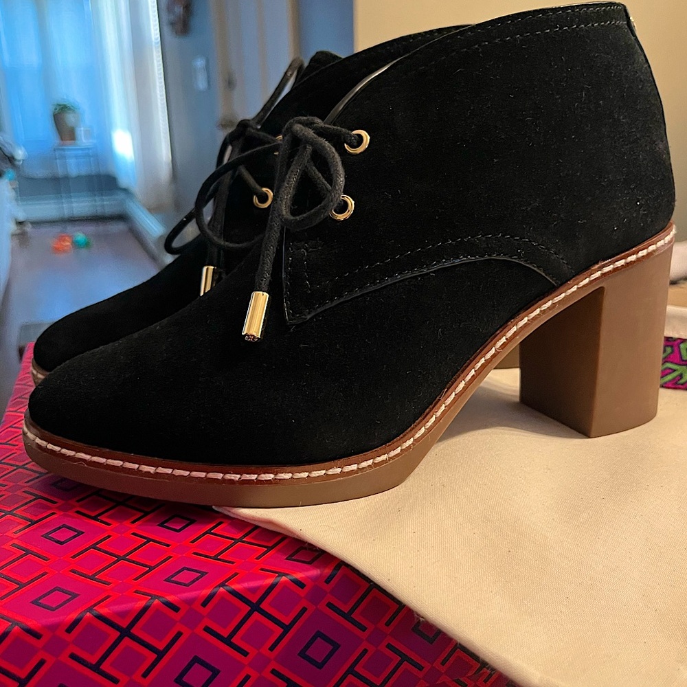 Tory Burch black suede Hilary heeled bootie
